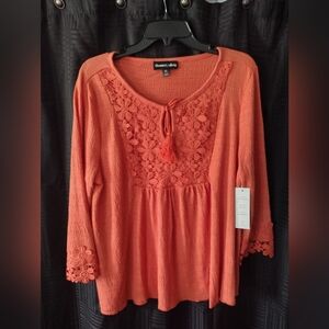 Thomas & Olivia Coral Blouse with Floral Lace